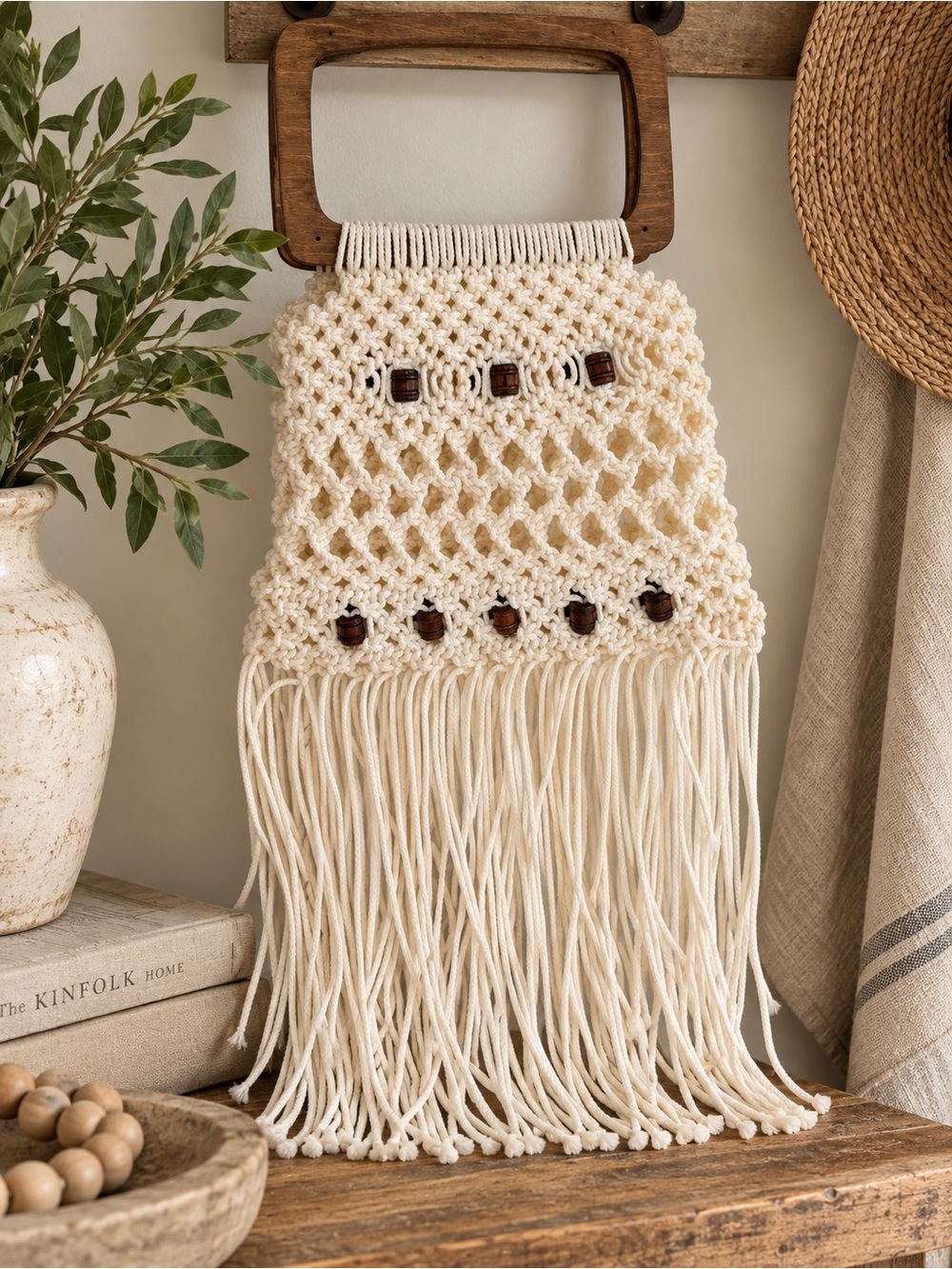 Handmade Cream Macramé Shoulder Bag with Wooden Handles